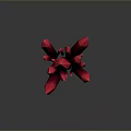 Red Pointed Stone Crystals and Wooden Base Display with Dark Background Reflection